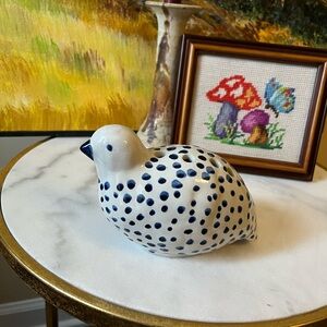 Ceramic Pottery Quail Shaped 7 Hole Flower Frog Blue White Bird Figurine Glazed